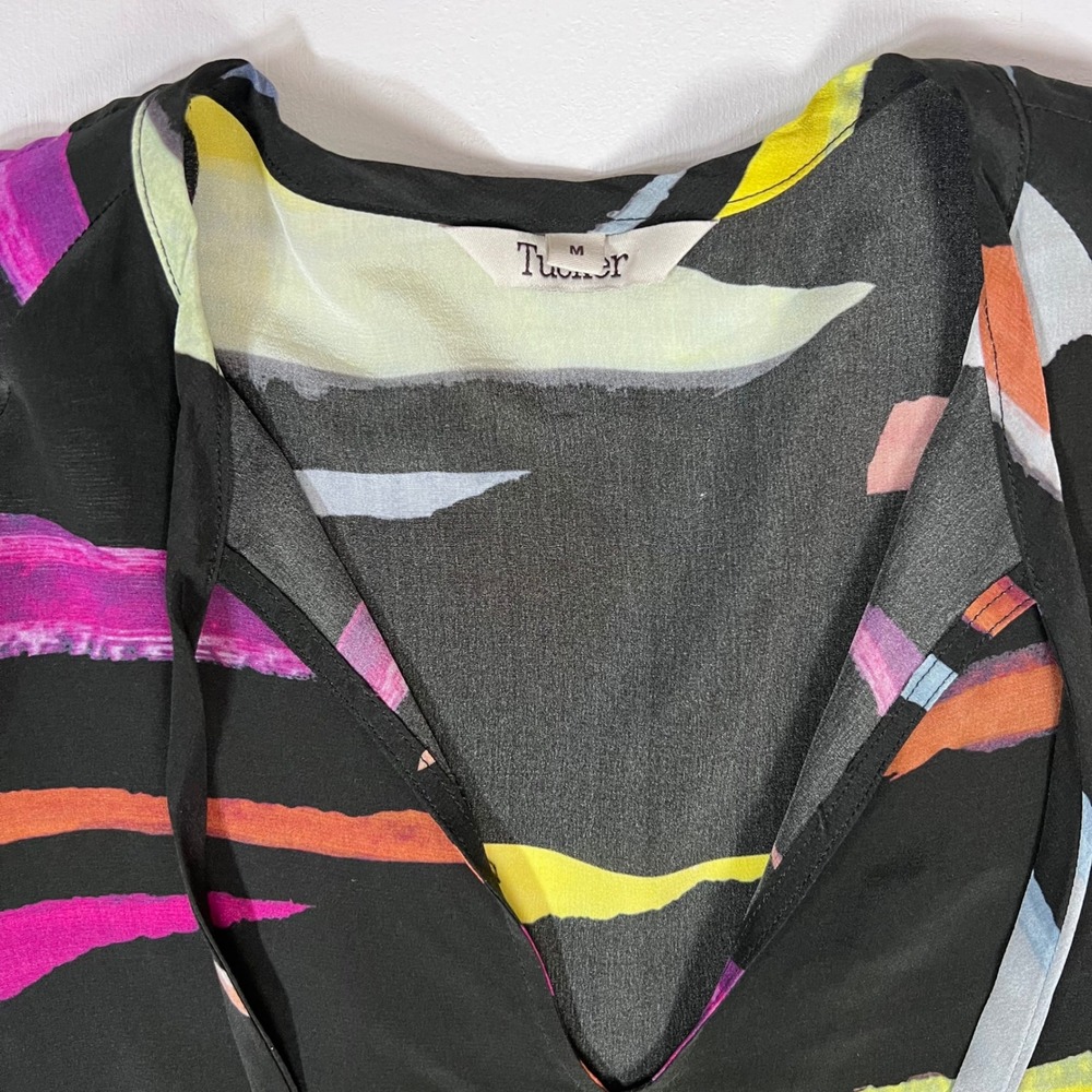Tucker Silk Blouse M Black Multicolor Abstract Art to Wear Tie Neck - Picture 3 of 16